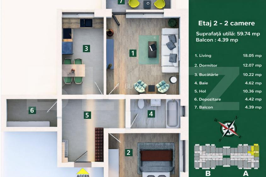 Apartament 2 camere, living cu bucatarie open space, balcon –59 mp utili - 2