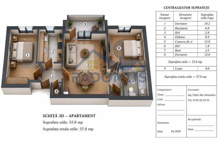 Apartament 3 camere – Șoseaua Nordului nr. 11 | 58 mp utili - Etaj 2/4 - 9