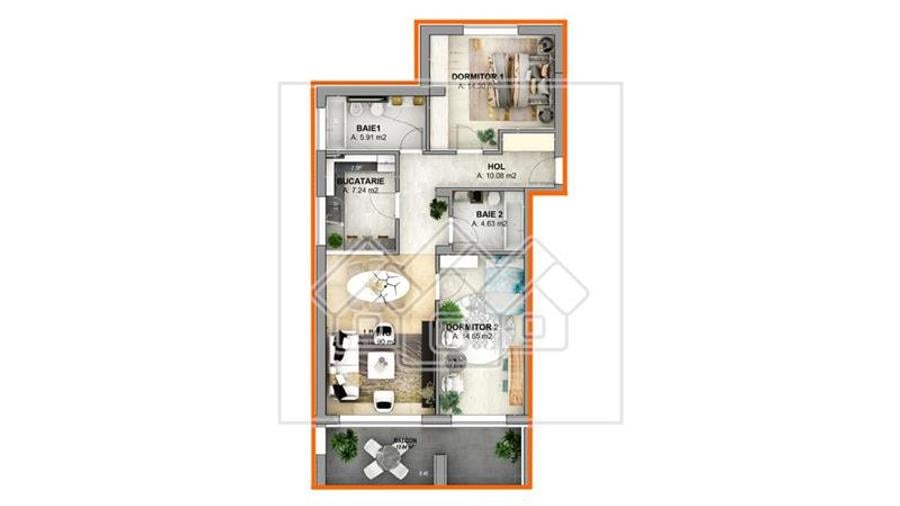 Ap. 3 camere, 2 bai + terasa 13 mp, finisat la cheie - intabulat