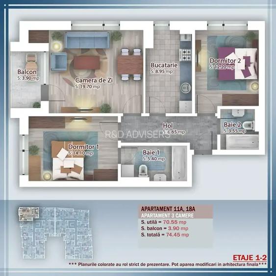 3 camere decomandat – 70 mp utili, 2 băi, balcon - 6