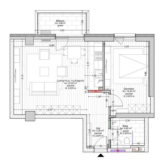 Apartament modern cu 2 camere, 53,37 mp + balcon, etaj 3 - 11