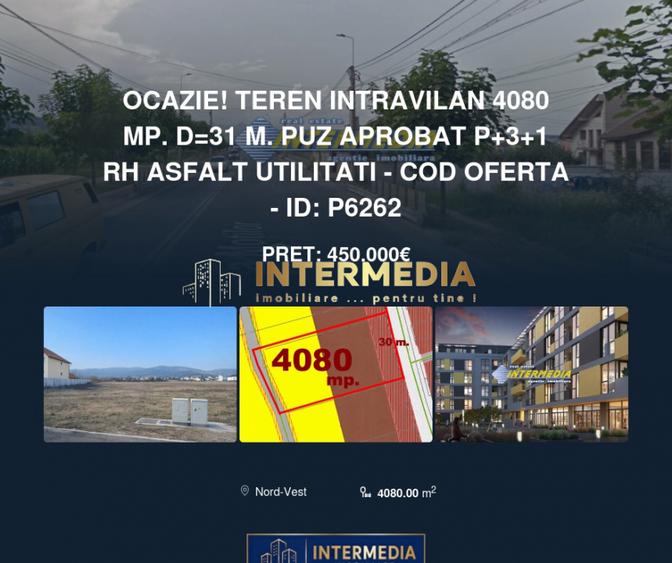 OCAZIE! Teren Intravilan 4080 mp. D=31 m. PUZ aprobat P+3+1 Rh Asfalt Utilitati