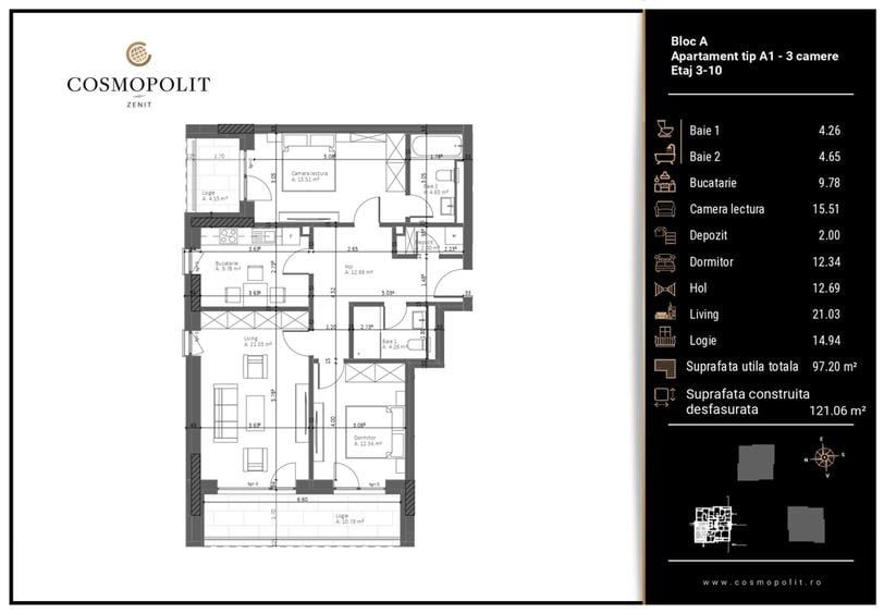 Apartament 3 camere - Bloc A, etaj 6 - Răcădău