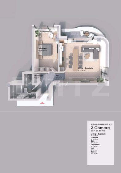 Apartament 2 camera, 61.80 mp, zona Pacurari - Rediu - 2