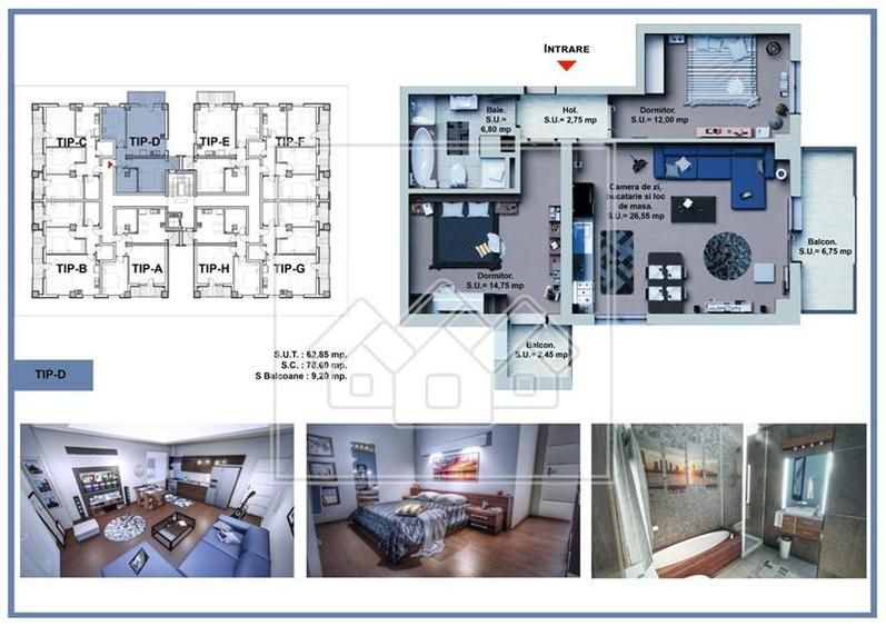 Ap. nou, 3 camere, 65,25 mp, bloc nou cu lift
