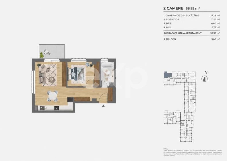 Apartament 2 camere | Citius Residence | 53 mp | Etaj 2 | Parcare subteran