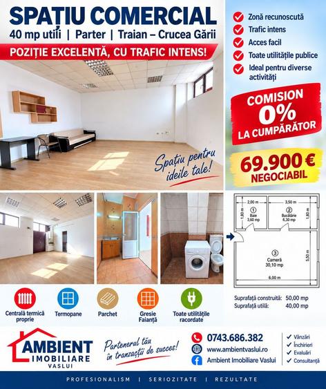 Spațiu comercial – ideal pentru birouri, VASLUI - zona CRUCEA GĂRII;