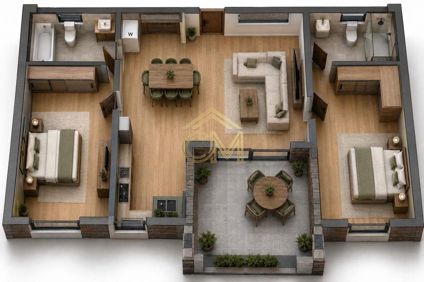 Apartament 3 Camere- 66,5 MPU-Etaj 1-Balcon