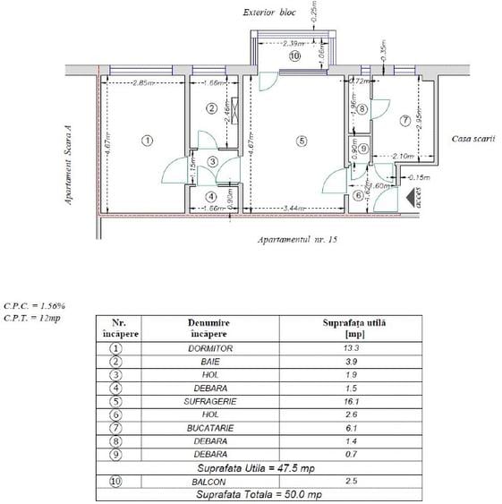 Apartament 2 camere, 48 mp, balcon închis, etaj 3/4, Cornișa – lângă Școala 10 - 12