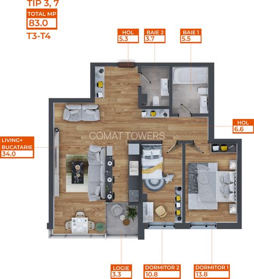 Apartament 3 Camere | 83 mp | Comat Towers | Pacurari | Dacia - 1