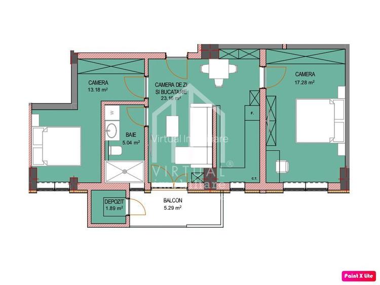 Apartament cu 3 camere - balcon cu spatiu depozitare - 60.6 mp utili - 4