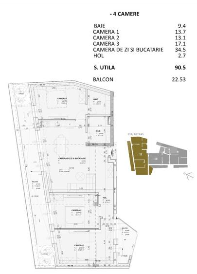 Apartament 4 camere 2 Bai 91 mp Terasa 23 mp FINISAT LUX zona Centrala