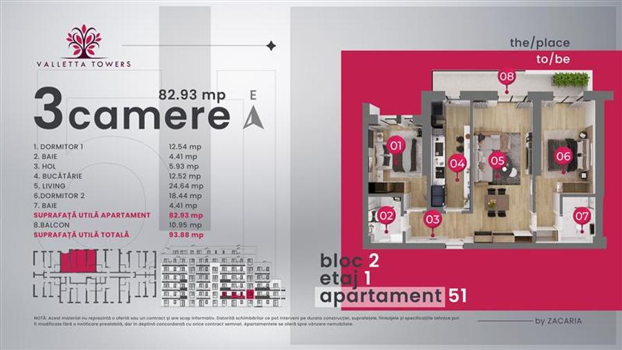 Apartament 3camere /etaj 1/orientare Est/94 mp utili /Valletta Towers