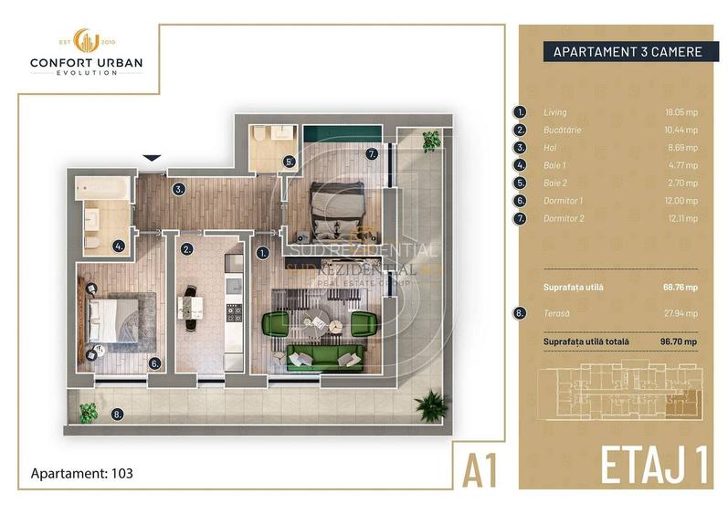 Targ Pucheni, Rahova - Apartament cu 3 camere de vanzare, terasa 28 mp - 1