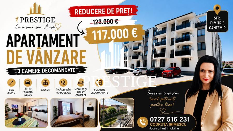 APARTAMENT 3 CAMERE DE VÂNZARE | ȘELIMBĂR | ETAJ 2 | BALCON | PARCARE