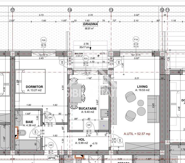 Apartament decomandat cu 2 camere-s.utila 52.57 mp, si gradina