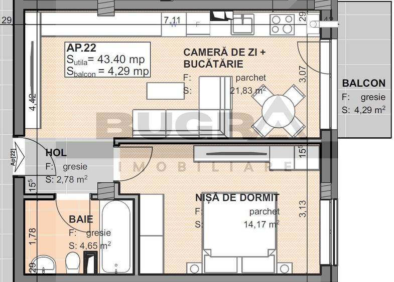 Apartament 2 camere, 44 mp, parcare, semifinisat, Omnia Residence