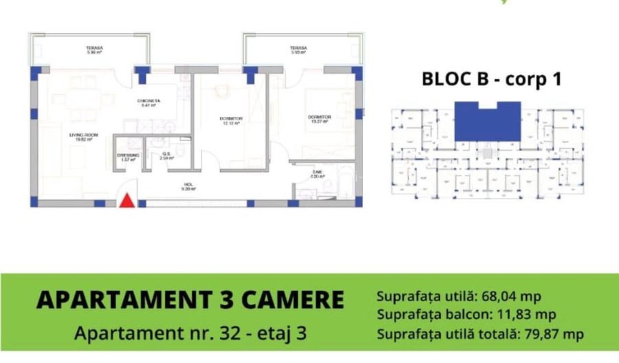 Apartament 3 camere - bloc nou - etaj 3/5 - 2