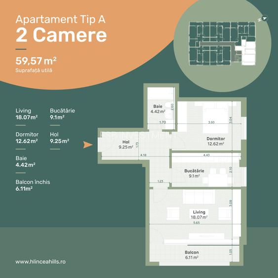 Apartament decoamandat cu 2 camere in Hlincea, etajul 1, suprafata de 59,57 mp - 1