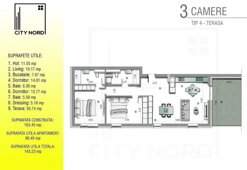 Penthouse 3 camere cu rooftop gata de mutat! 2 bai+dressing - 3