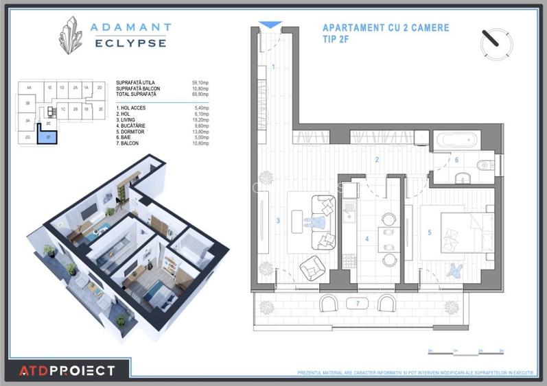 ADAMANT ECLYPSE, 2 camere decomandat, TIP 2F, 69.9mp - 2