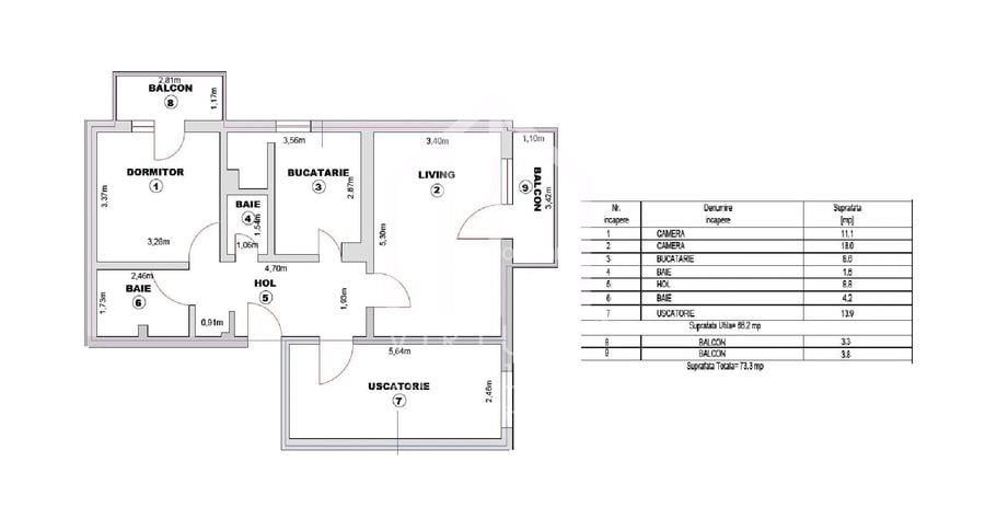 Apartamet cu 3 camere, decomandat, 66mp utili+2 balcoane, Turnisor - 1