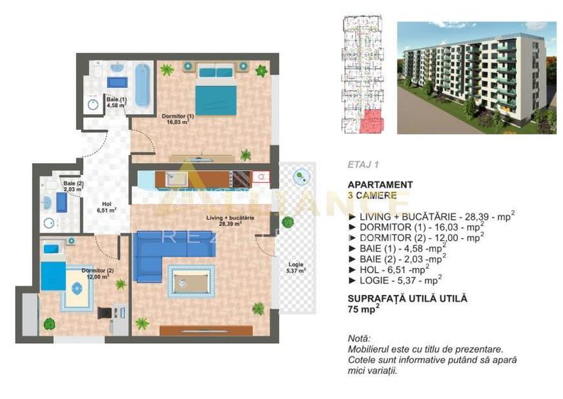 Apartament cu 3 camere - 2 bai | 75 mp | Aparatorii Patriei - 4