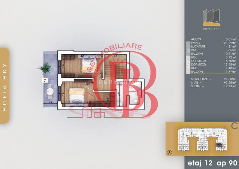 Duplex 3 camere cu 2 balcoane | Bucatarie Inchisa 14mp - 2