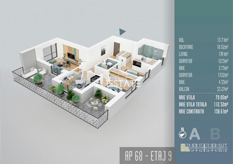 FINALIZAT | 3 cam. 79mp +terasa 34 mp, etaj 9/11,  loc parcare inclus - 17