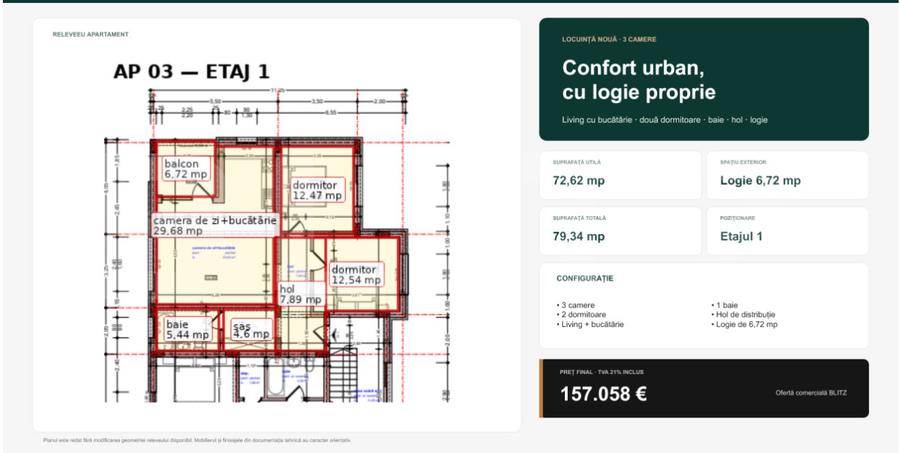 Apartament cu 3 camere, 72.62 mp, zona Valea Ghinzii