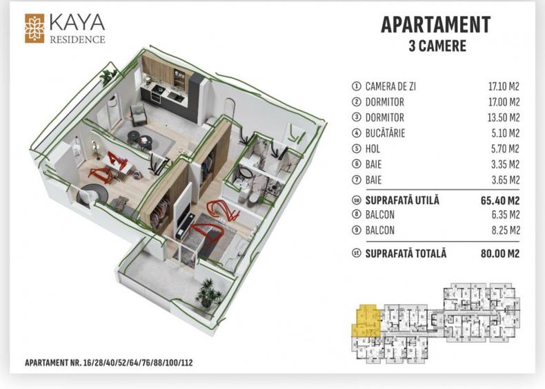 Apartament 3 camere  Kaya Residence  Etaj 10/11