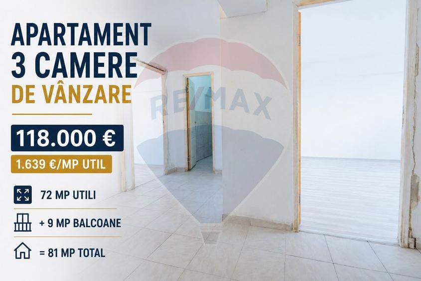 Apartament 3 Camere Decomandat - 72mp Utili, Preț Excelent!