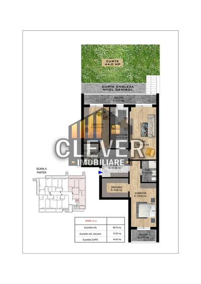 Ap 3 Camere | 86,7 mp Utili | Curte 44 mp | 2 Bai | Pallady
