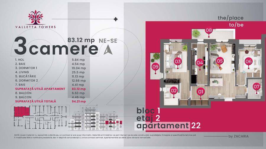 Apartament 3 camere/etaj 2/94mp utili/Valletta Towers/Craiova