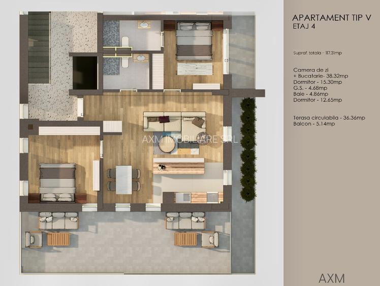PENTHOUSE 3 camere + terasa TOTAL  117 mp2 Tractorul / Coresi - 3