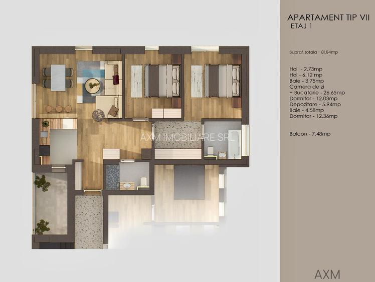 Apartament 3 camere 74 mp + balcon 12 mp Tractorul / Coresi - 3