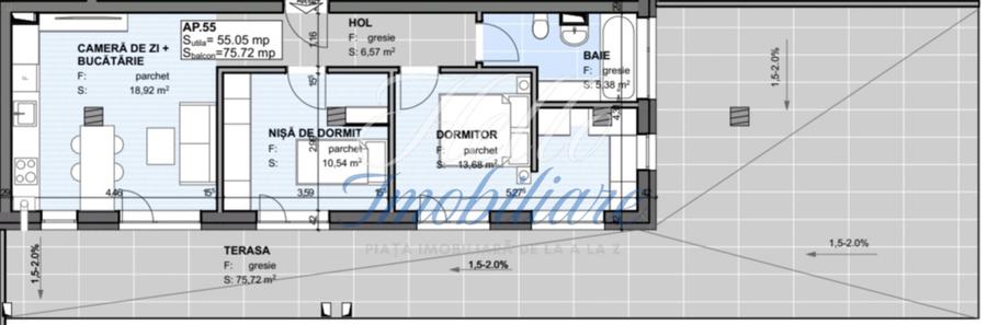 Apartament 3 camere 55.5 mp, Terasa 75.72 mp Semifinisat, Estimo Park,  Apahida