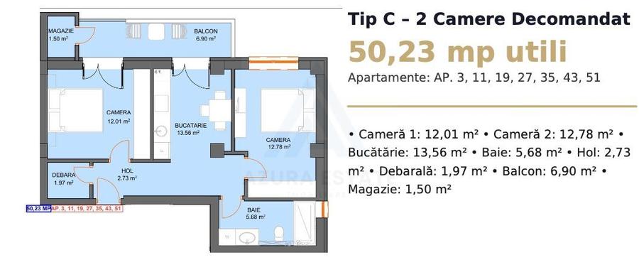 Apartament 50.23 mp utili etaj 1 balcon 8.4mp si parcare pe Dna Stanca