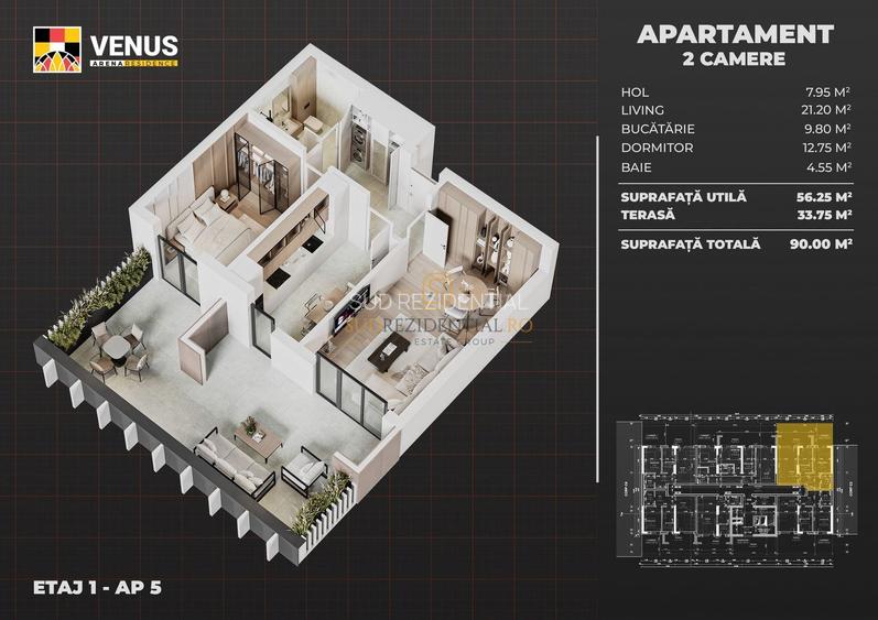 Apartament in ansamblu rezidential GREEN-2 camere+terasa 33mp,Sector 4 - 1