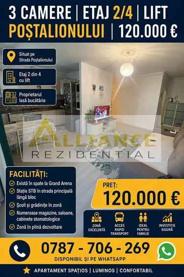 3 Camere | Etaj 2/4 | Lift | Poștalionului | 120.000 €