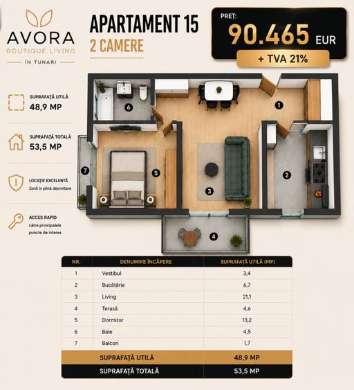 Avora Tunari, apartamente 2 camere,  langa Cosmopolis