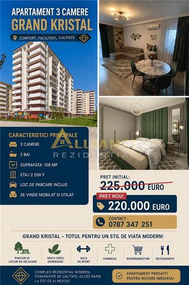 APARTAMENT 3 CAMERE | GRAND KRISTAL | 108 MP | PARCARE INCLUSA