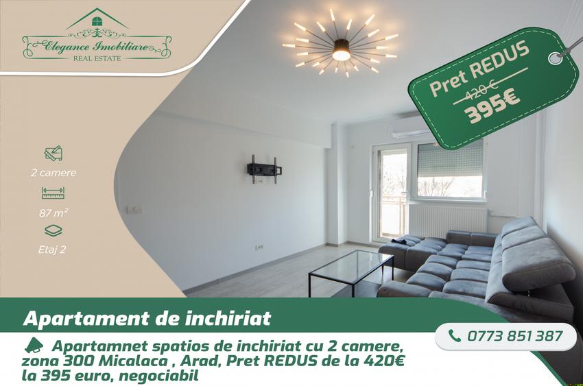 Apartamnet spatios de inchiriat cu 2 camere, zona 300 Micalaca , Arad
