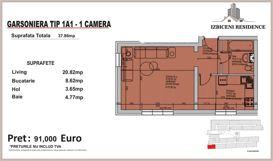 Garsoniera TIP 1A1 in complex Izbiceni Residence