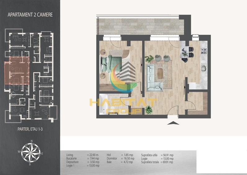 Pallady 2 camere decomandat 70 mp la 8 minute metrou N.Teclu
