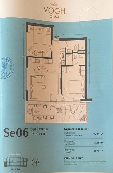 3 camere, 2 băi, vedere la mare – complet mobilat – Vogh Olimp