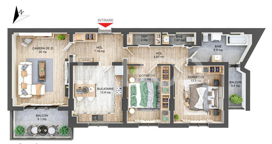 Apartament 83 mpu cu 3 camere decomandate 2 bai 2 balcoane SIBIU