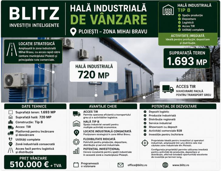 Hala moderna, pod rulant, 720 mp, platforma betonata 1700mp PLOIESTI