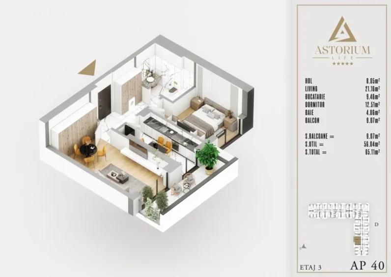 2 camere Astorium Life | 56,04 mp utili + balcon 9,07 mp | Comision 0%