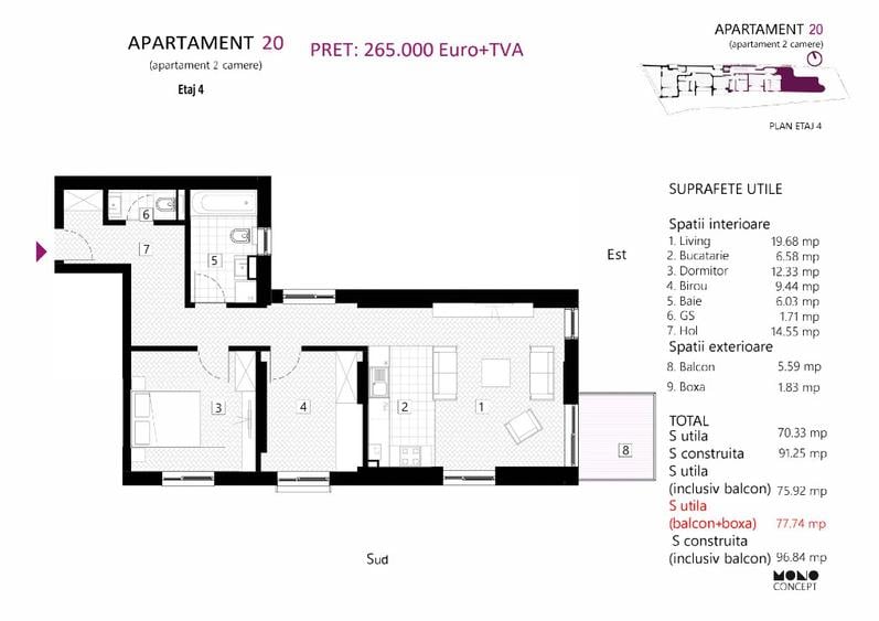 APARTAMENT 3 CAMERE | 77 MP | BALCON + BOXA | ETAJ 4 | ZONA CENTRAL A